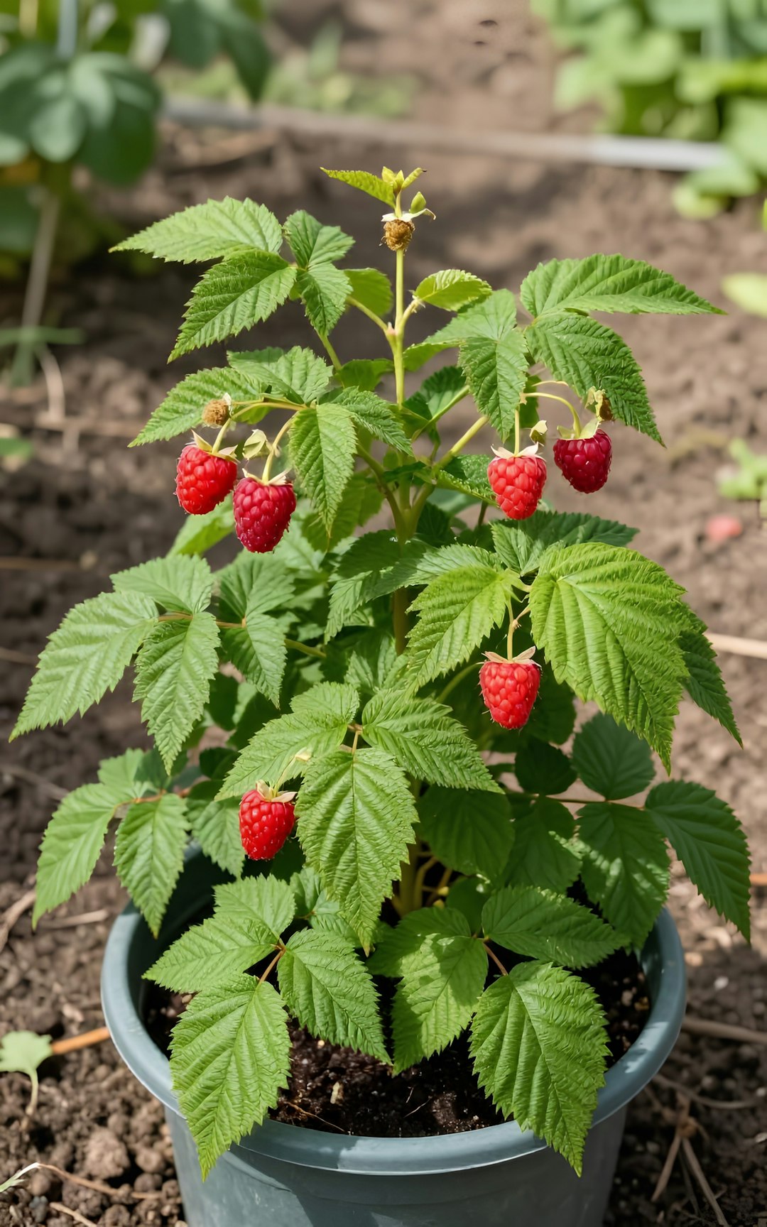 A young raspberry cane with ripening fruit growing in a plant pot