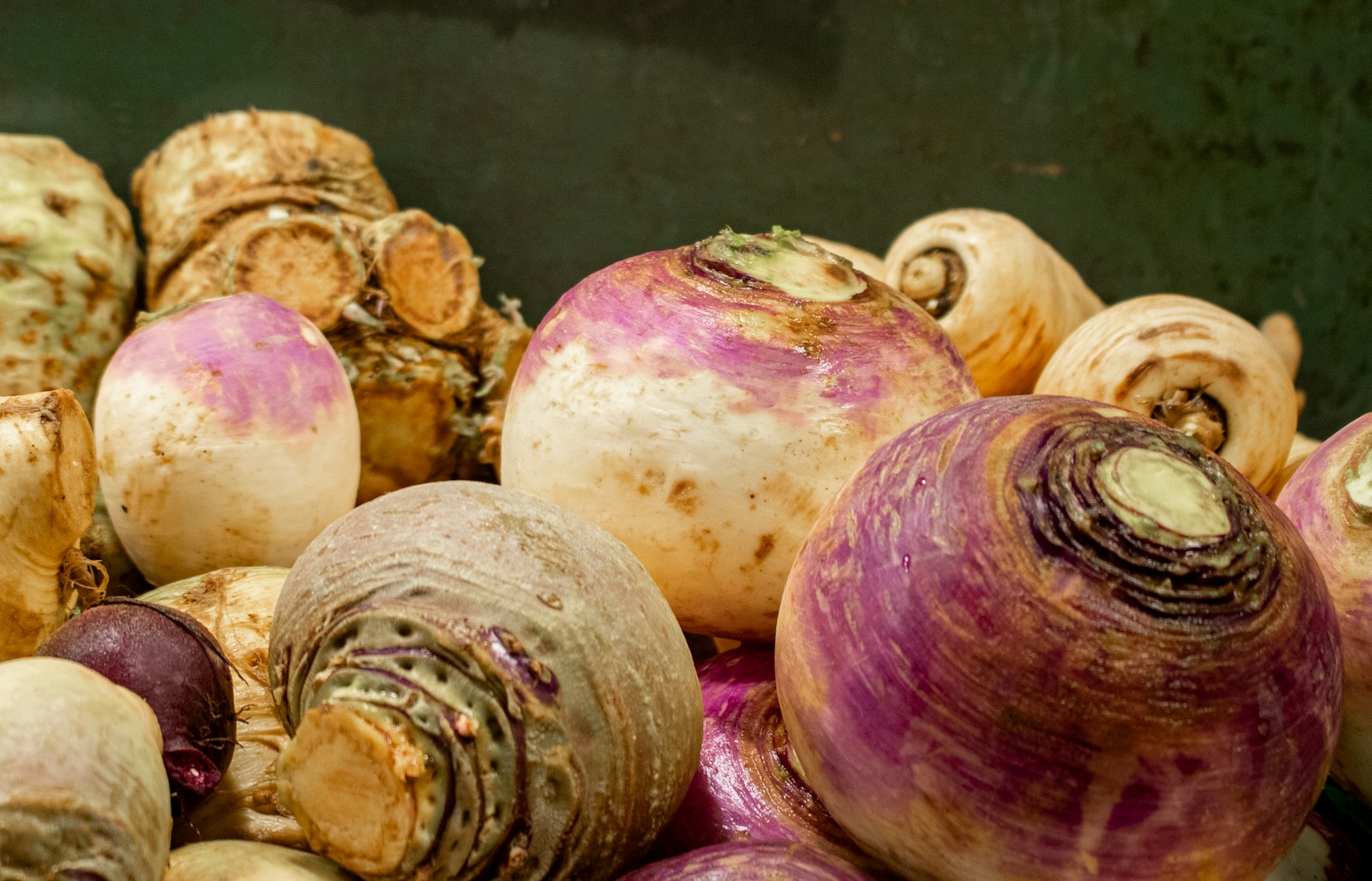 Purple-and-white turnips heaped with parsnips and other winter root vegetables