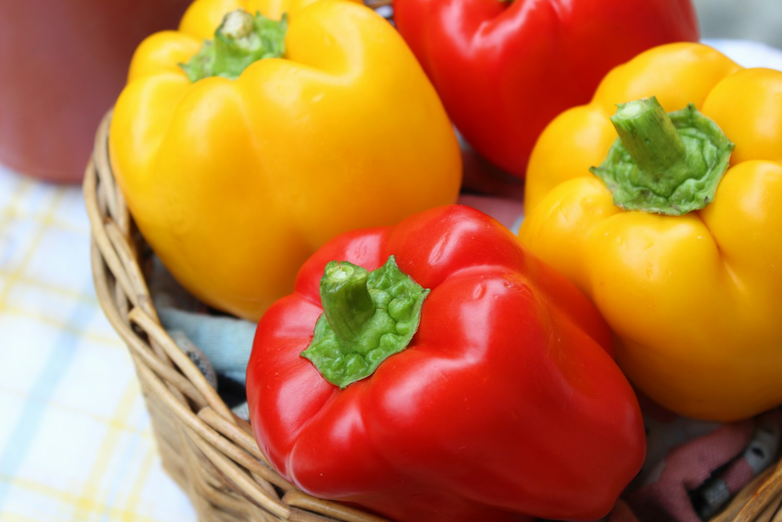 Ripe red and yellow bell peppers in a wicker basket
