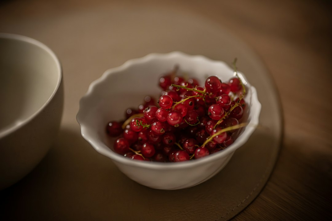 A bowl of freshly picked red currants still attached to their stems