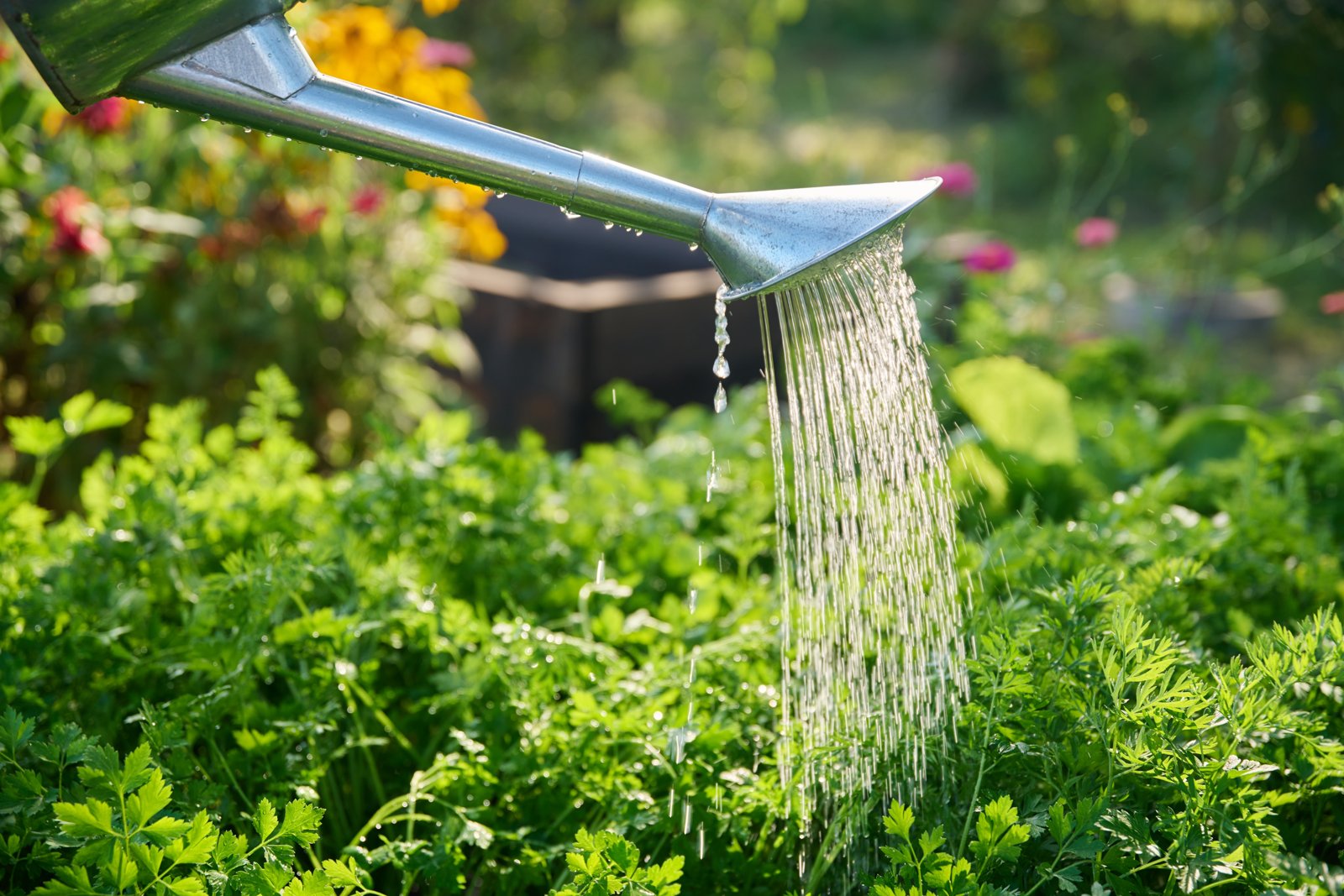 A metal watering can pouring onto a bed of leafy green plants