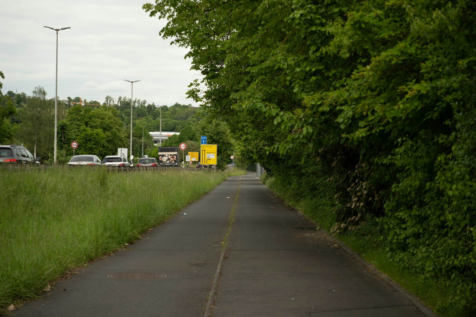Grassy verge and path running beside a busy road with traffic