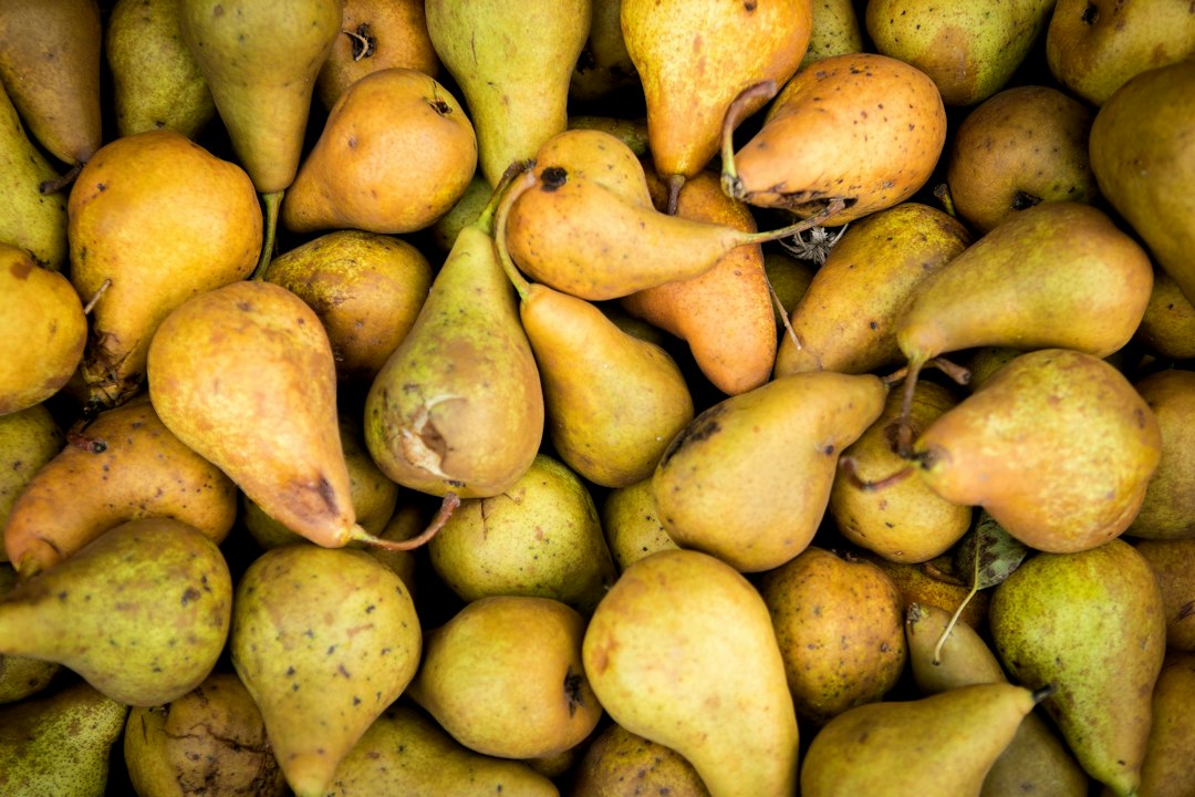 A close-packed pile of ripe golden-yellow pears with a few blushed orange ones