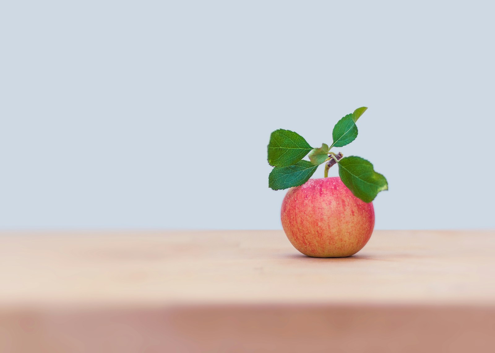Small red-striped Gala apple with its leaves on a wooden table