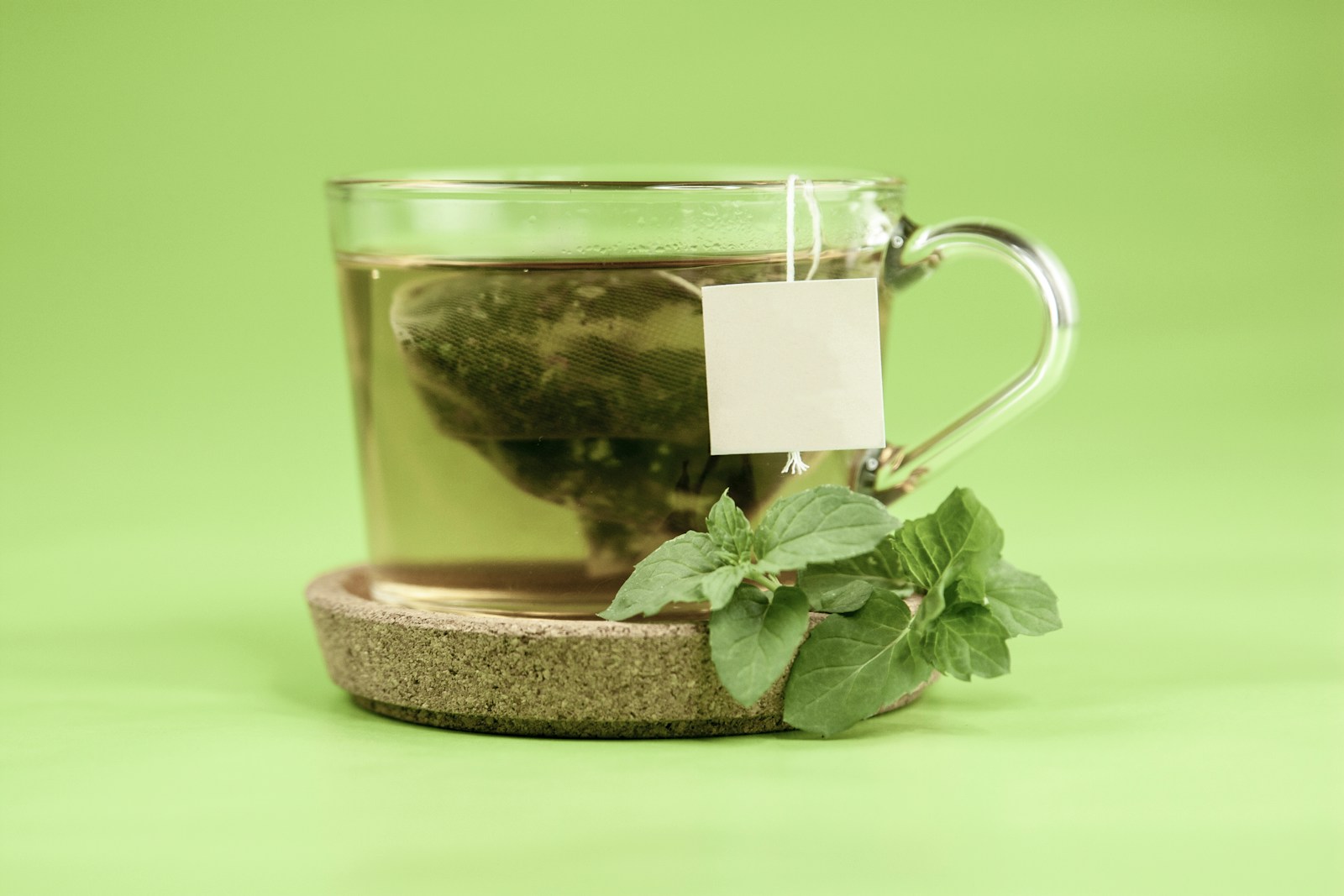 Glass cup of mint tea with a fresh mint sprig beside it