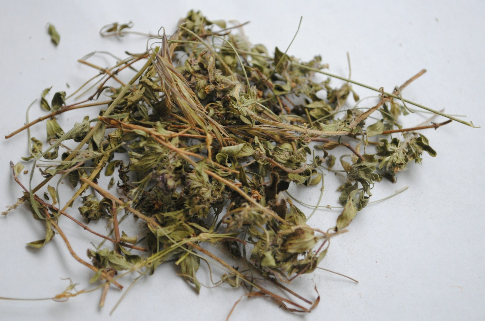Pile of crumbled dried herb leaves and stems on a white surface