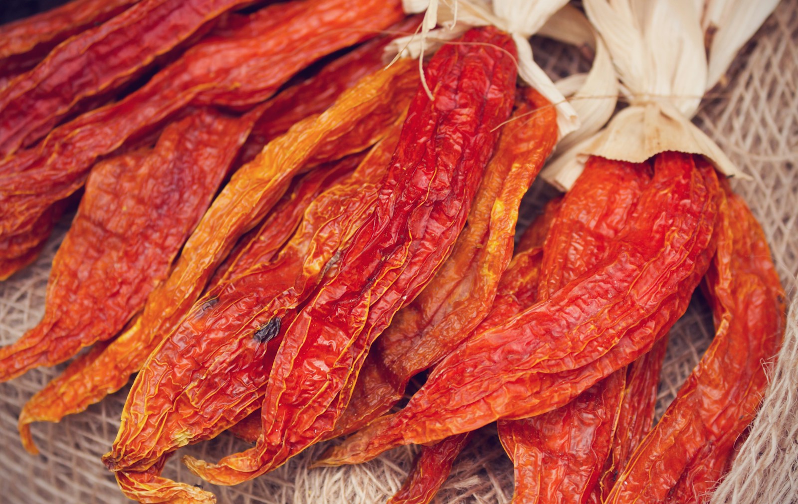 Bundles of dried, wrinkled red peppers tied with corn husk on burlap
