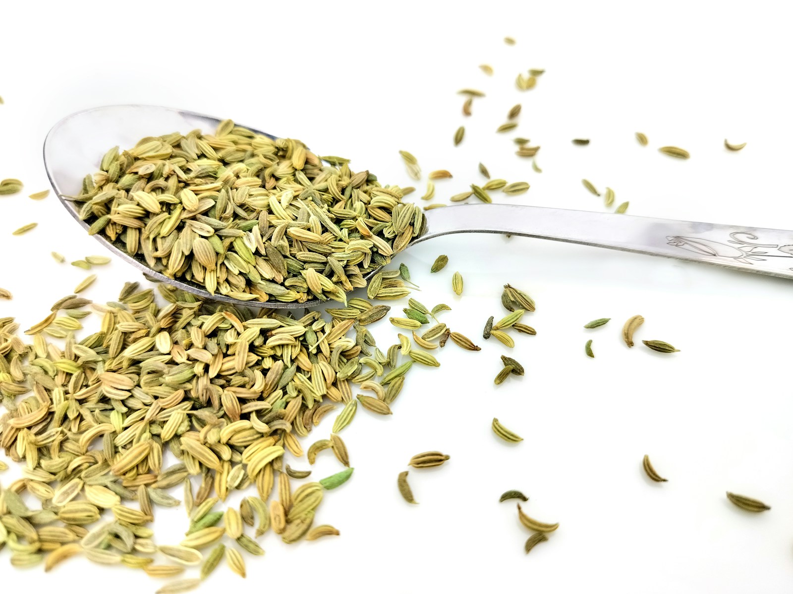 Dried, ridged greenish fennel seeds in and around a metal spoon