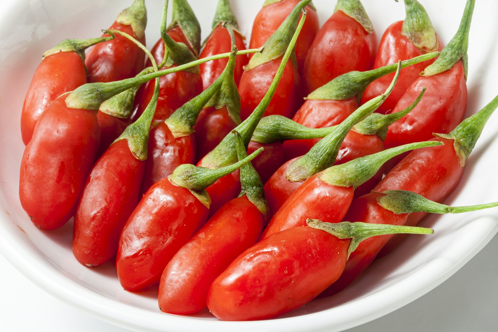 Freshly picked glossy red goji berries with green stalks in a white bowl